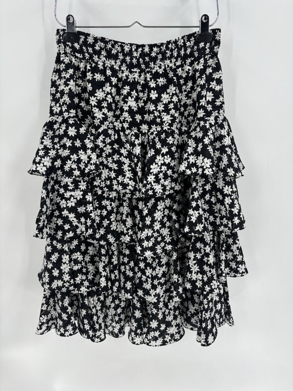 Floral Tiered Skirt Womens Medium Black White Ruffles Midi Stretchy Pull On
